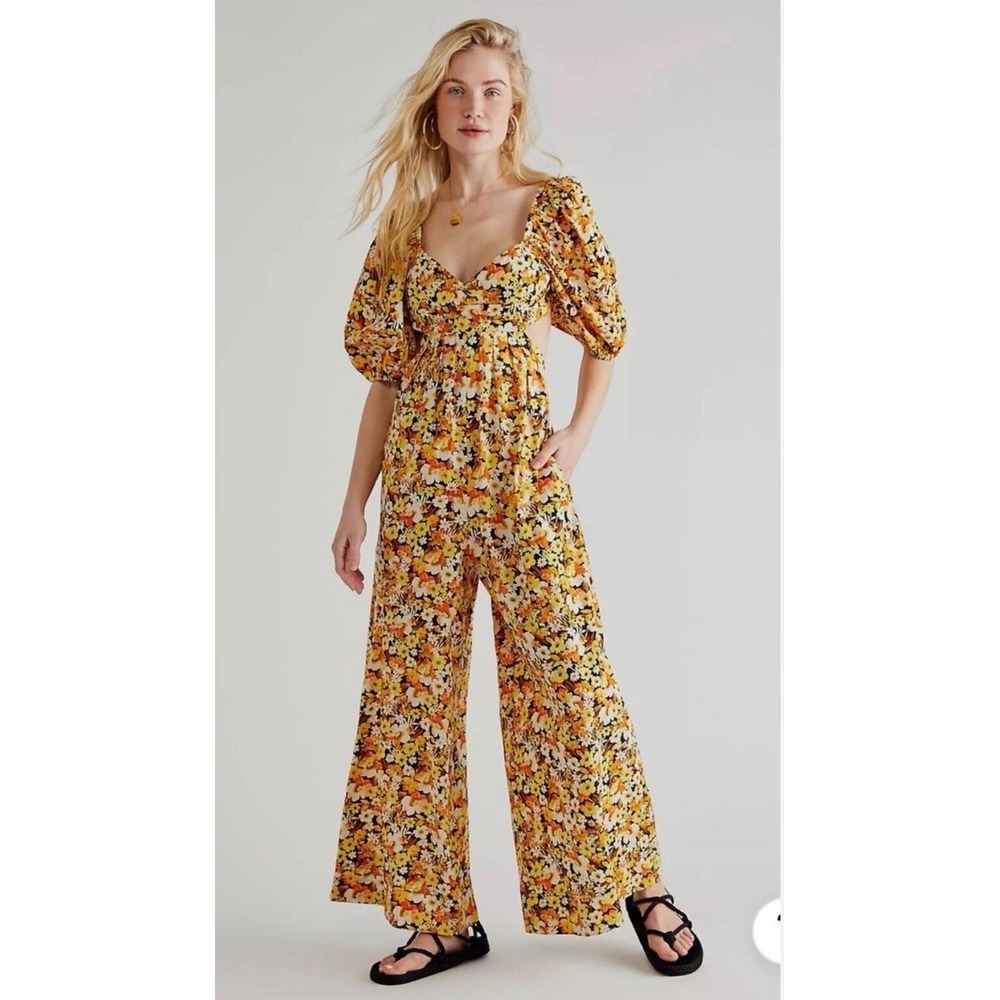 Free People Amy Jumpsuit Floral Wide Leg Puff Sleeve Cutout M
